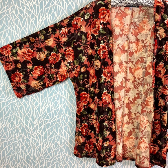 Always Indigo Sweaters - Dark Brown Floral Kimono.
